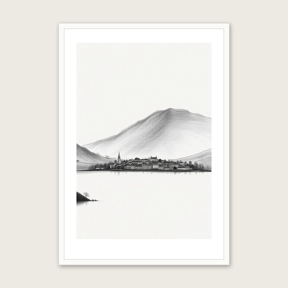 Framed Charcoal Print of Windermere - Black & White Landscape Wall Art in a white frame