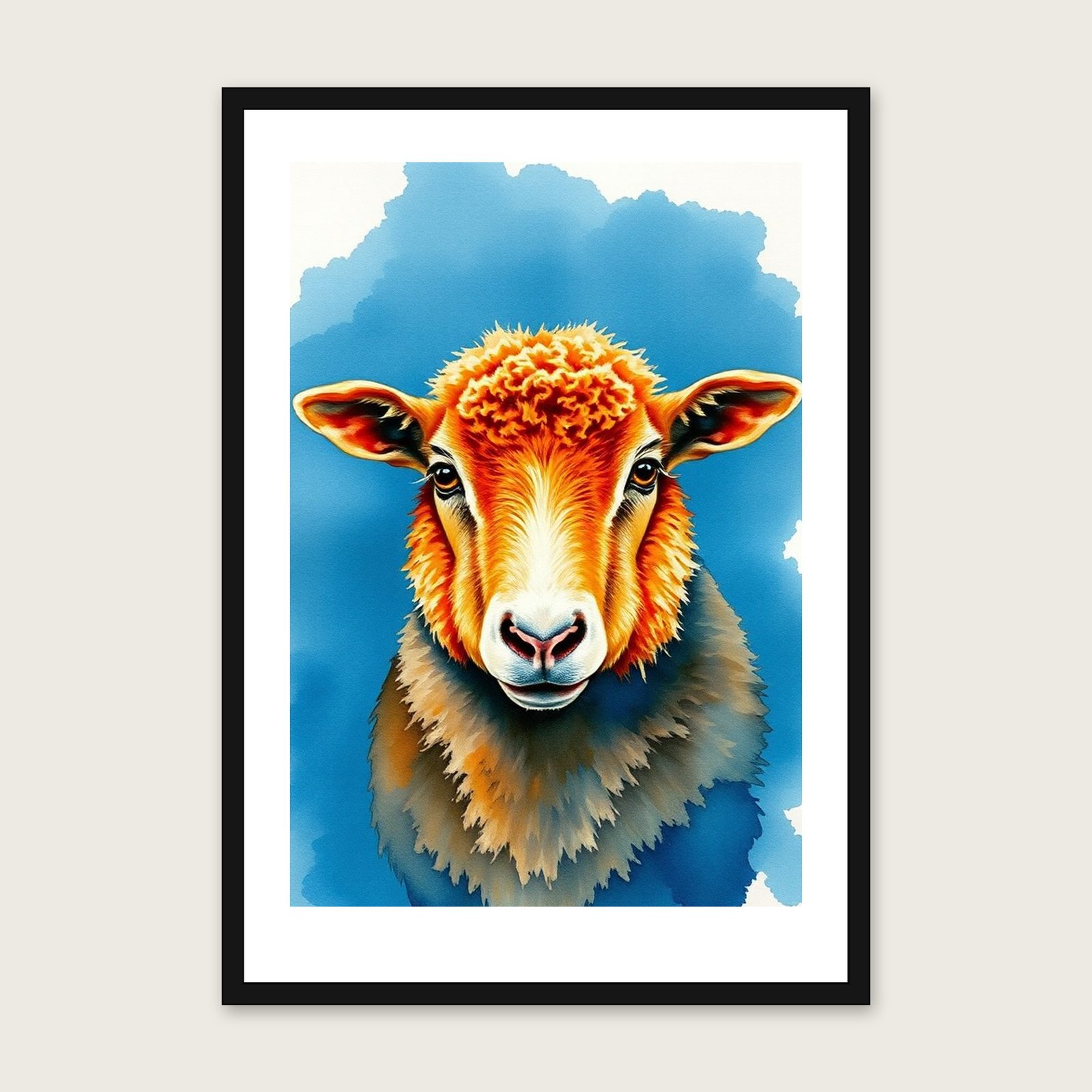 Valais Blacknose Sheep Watercolour Print - Framed Bold Colour Animal Wall Art in a black frame