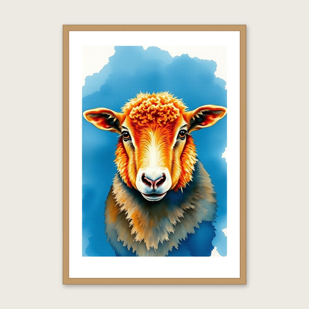 Valais Blacknose Sheep Watercolour Print - Framed Bold Colour Animal Wall Art in a oak frame