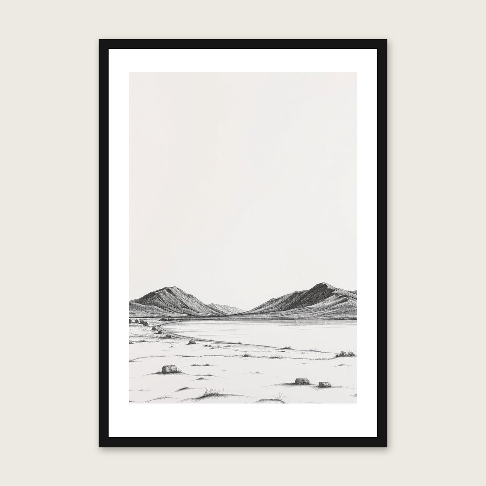 The Lake District Charcoal Wall Art - Framed Black & White Print shown in a black frame