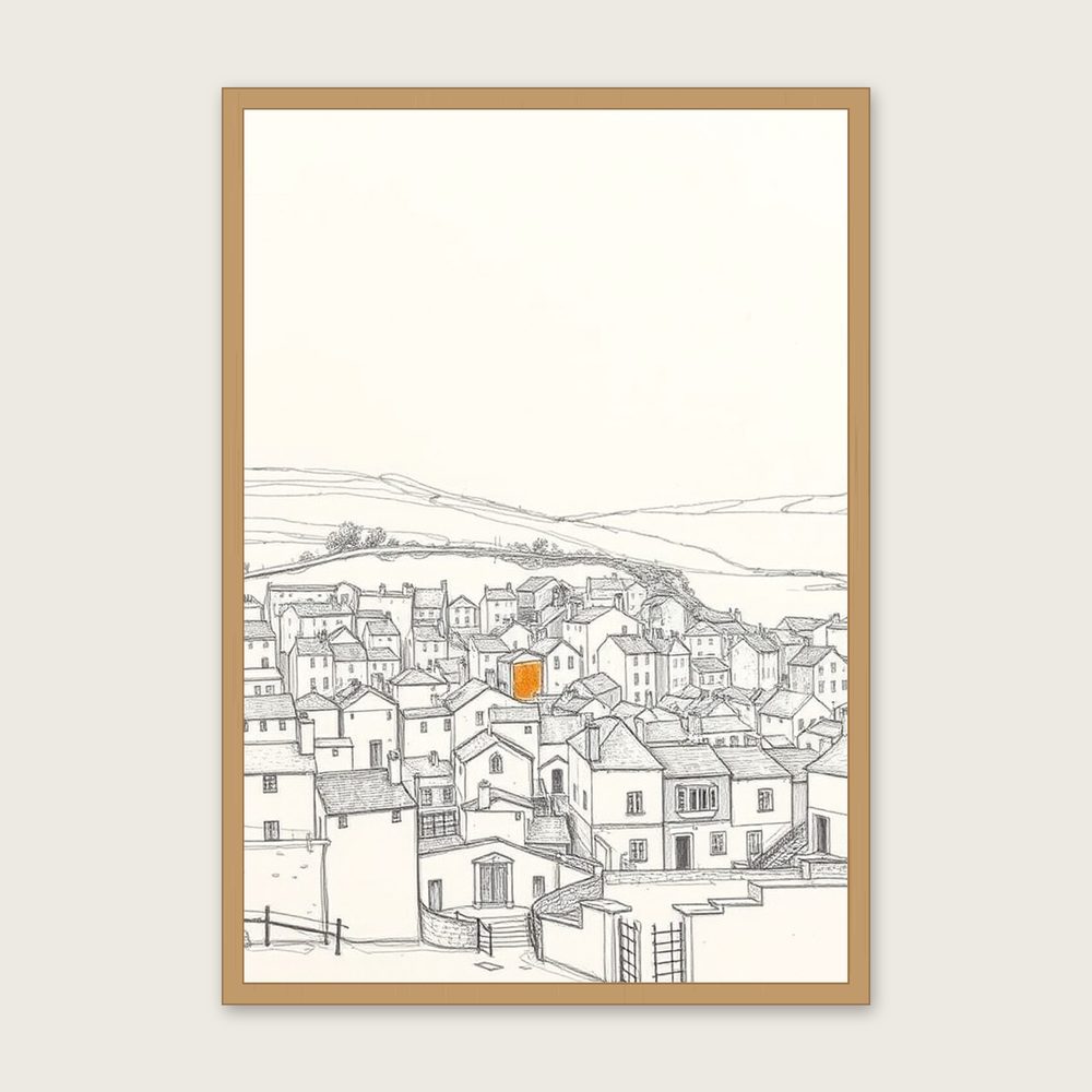 Framed Pencil Sketch Print of Gorran Haven - Neutral & Beige Landscape Wall Art - Oak Frame, A3