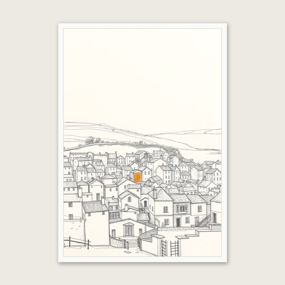 Framed Pencil Sketch Print of Gorran Haven - Neutral & Beige Landscape Wall Art - White Frame, A3