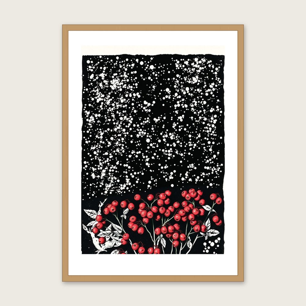 Framed Linocut Print of Bearberry - Two Tone Botanical Wall Art in a oak frame