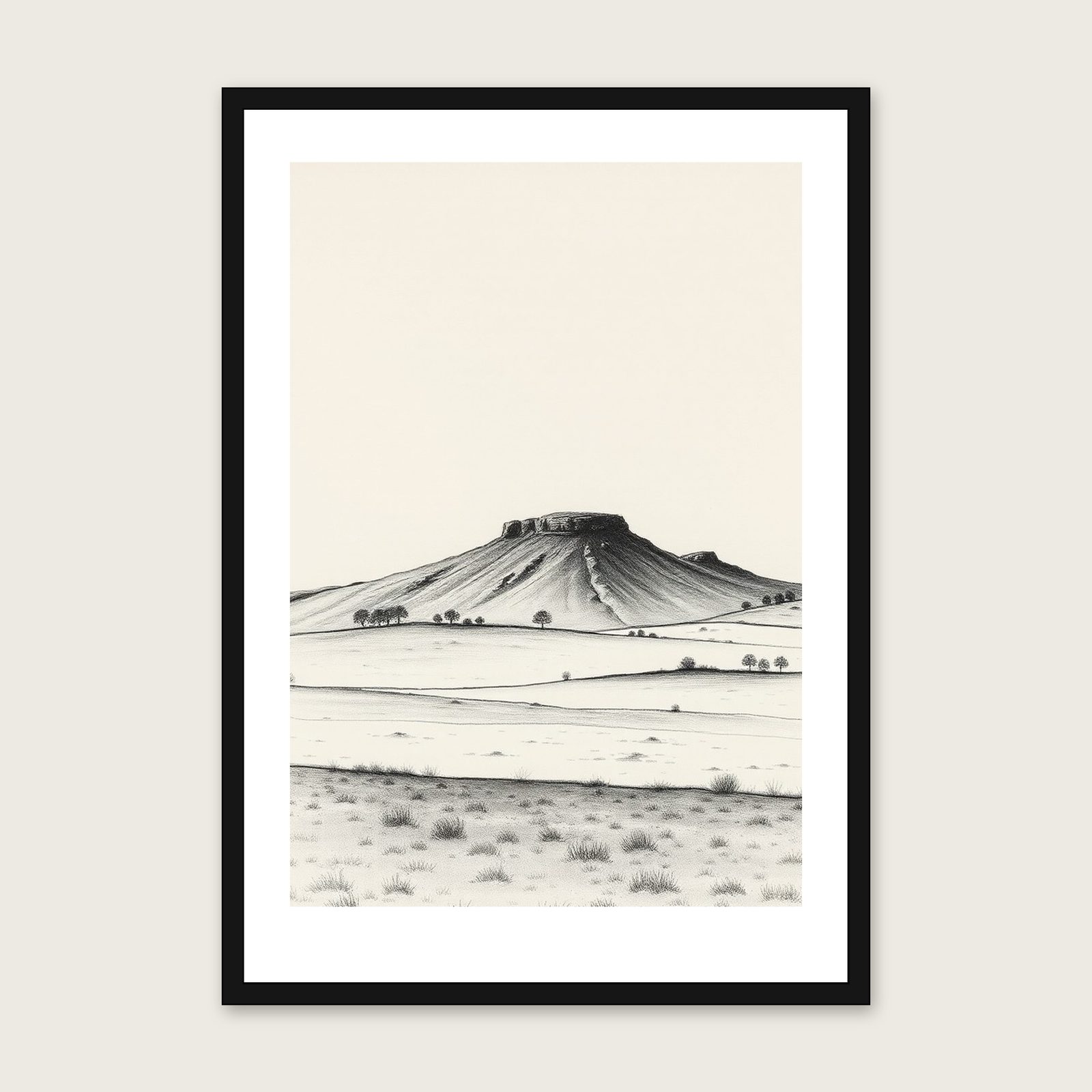 Cross Fell Charcoal Wall Art - Framed Black & White Print - Black Frame, A3