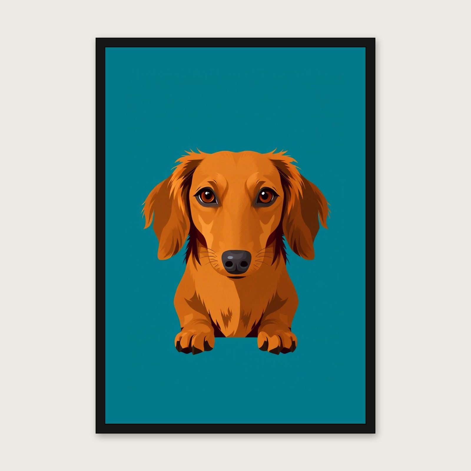Dachshund Long Haired Animal Wall Art - Framed Bold Colour Screen Print shown in a black frame