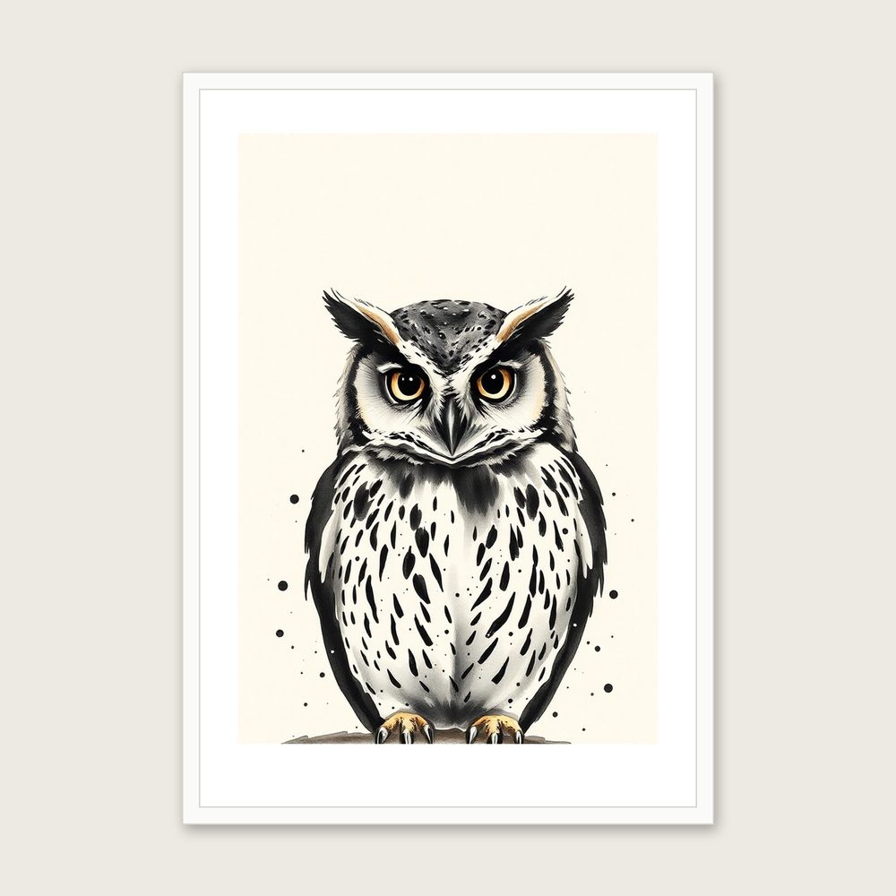 Short-eared Owl - Framed Ink Wash Animal Print in Black & White in a white frame