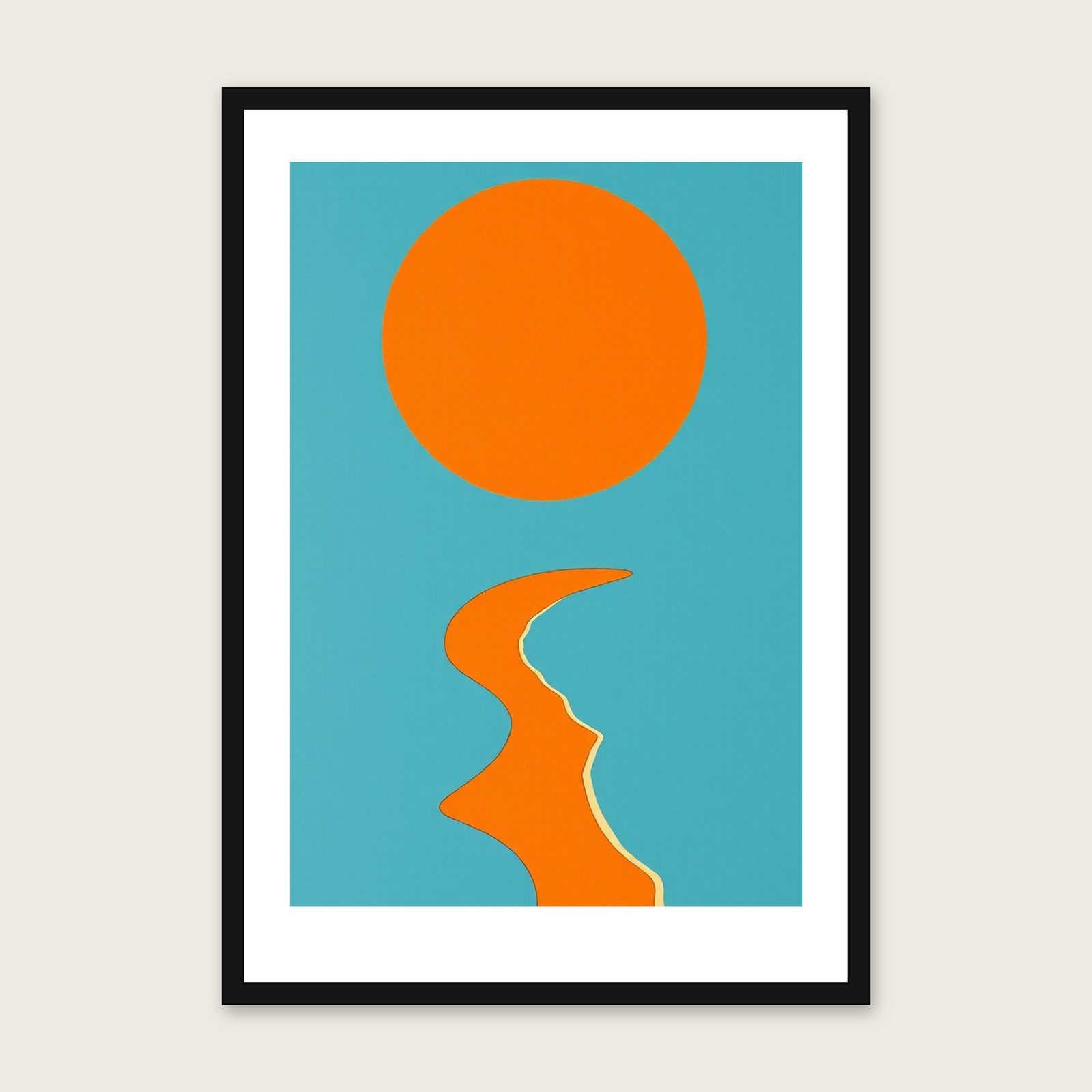 Freshwater Bay Gouache Print - Framed Bold Colour Landscape Wall Art shown in a black frame