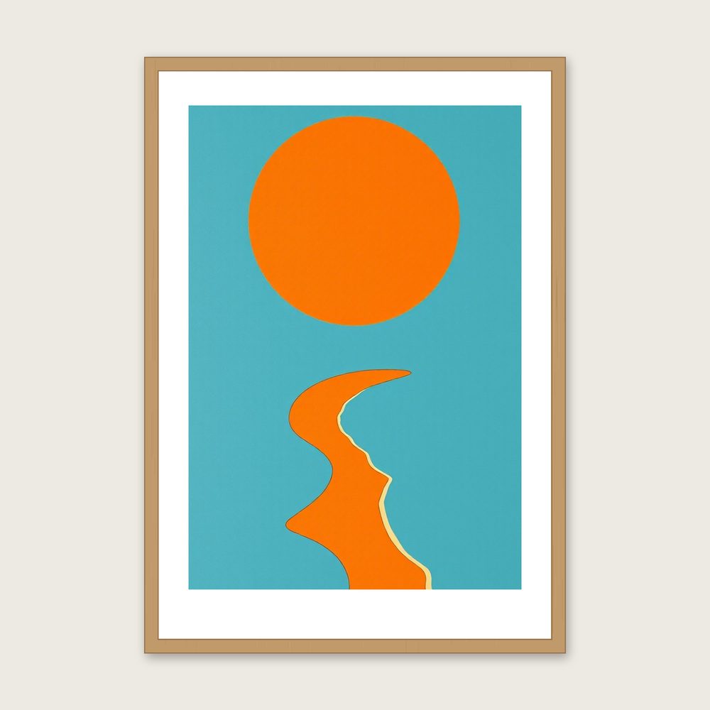 Freshwater Bay Gouache Print - Framed Bold Colour Landscape Wall Art in a oak frame