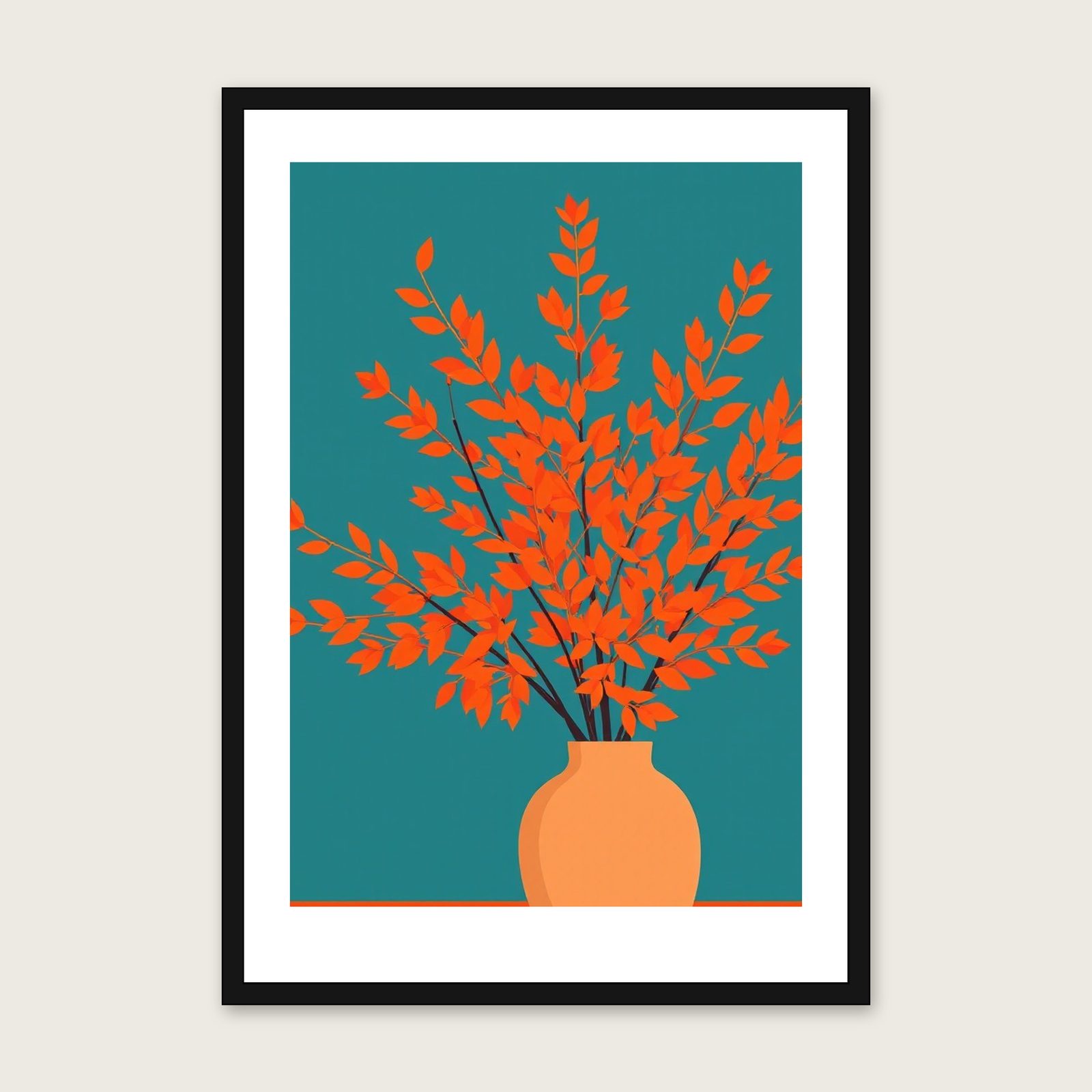 European Larch in Autumn - Framed Screen Print Botanical Print in Bold Colour shown in a black frame