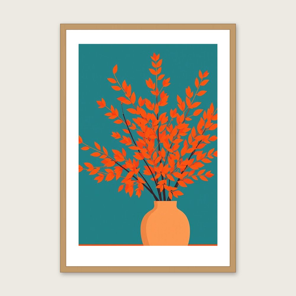 European Larch in Autumn - Framed Screen Print Botanical Print in Bold Colour in a oak frame