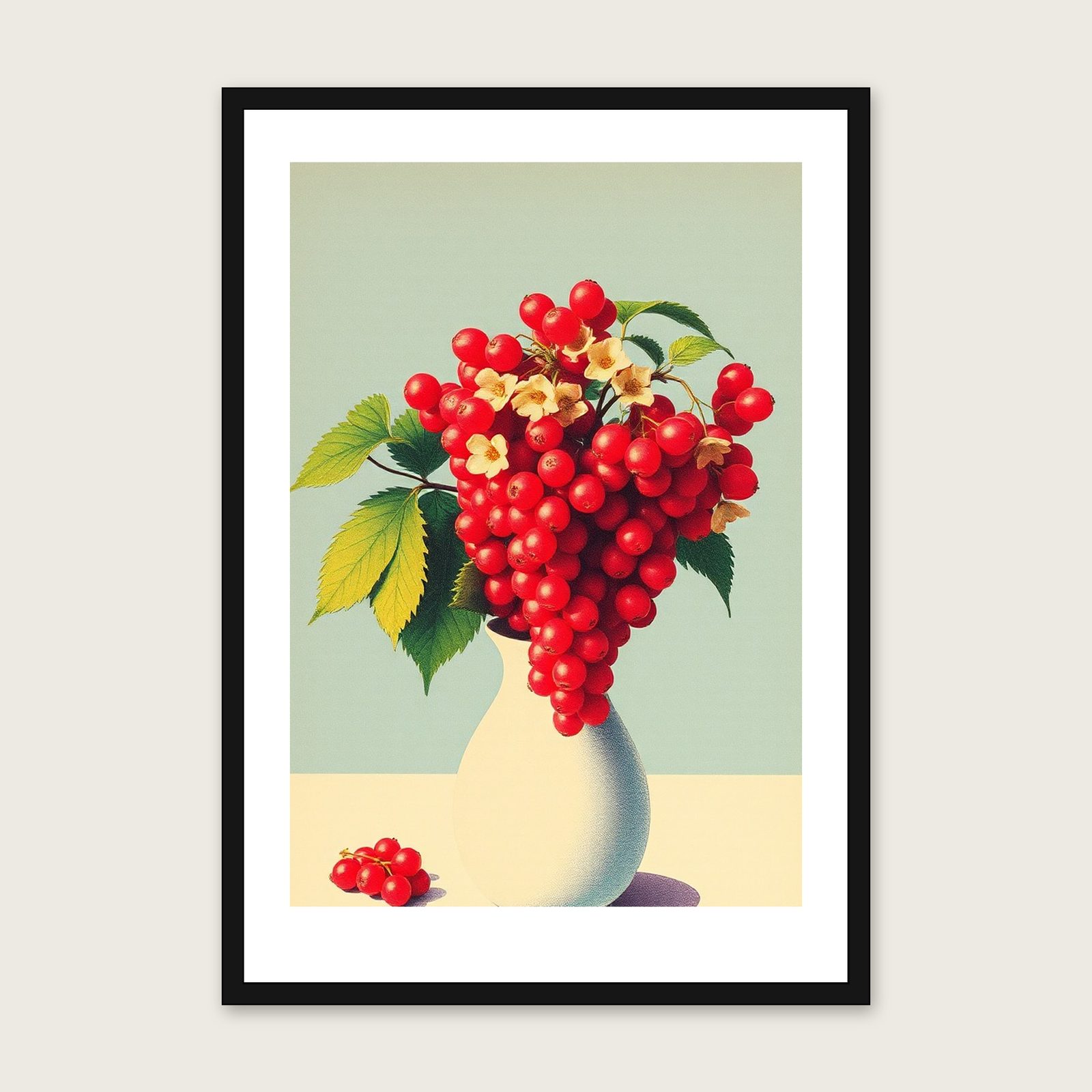 Flowering Currant Riso Print Wall Art - Framed Colourful Print shown in a black frame