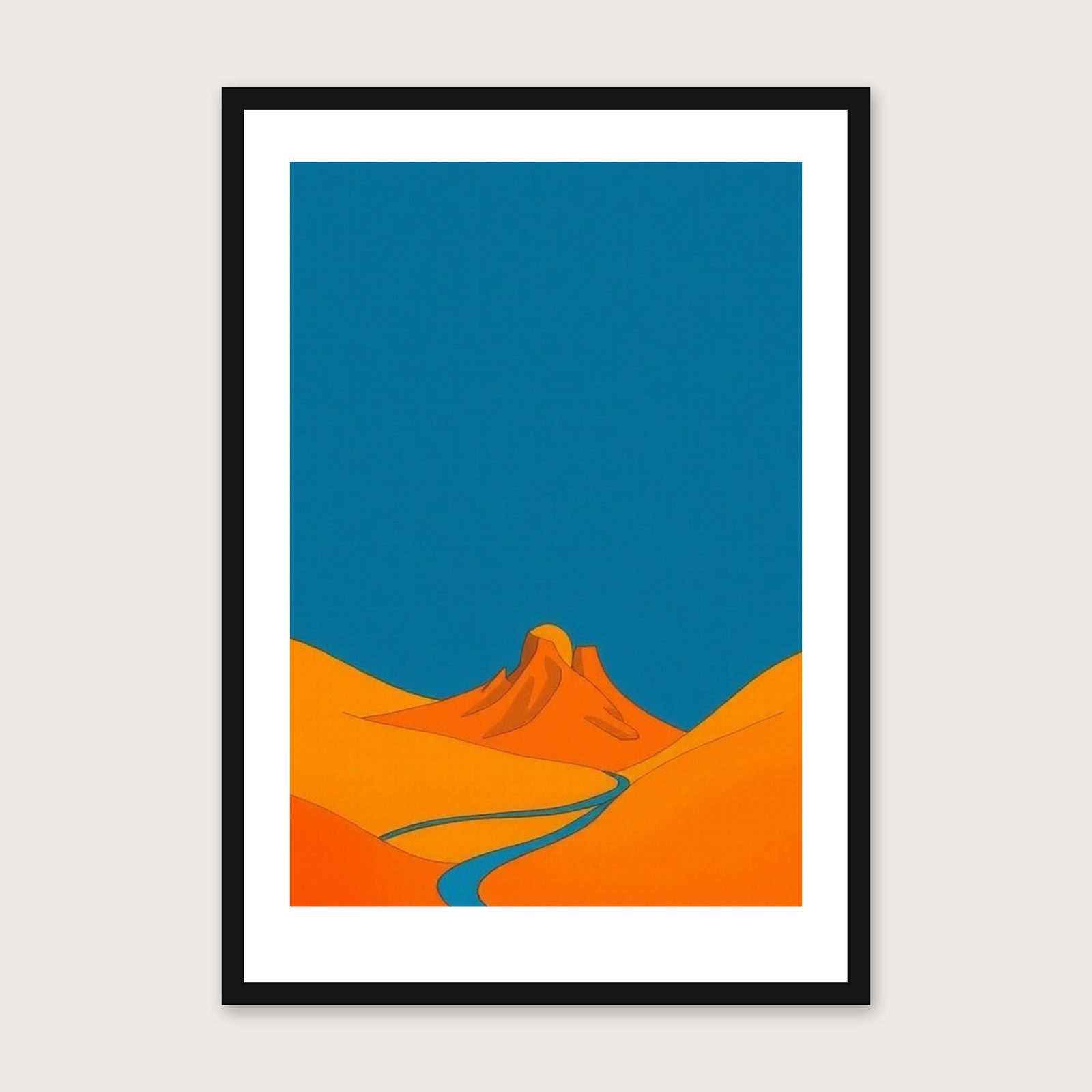 Cape Cornwall - Framed Gouache Landscape Print in Bold Colour in a black frame