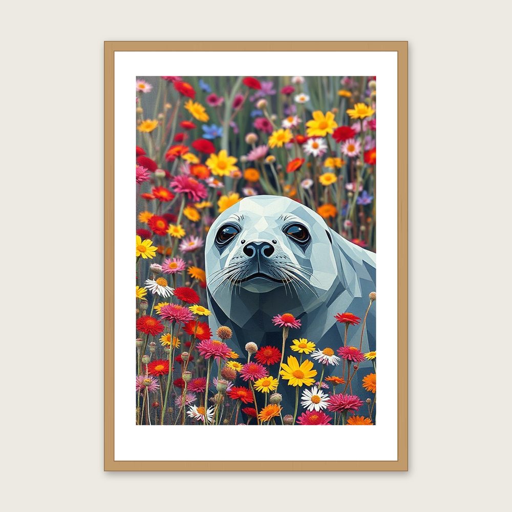 Grey Seal Animal Wall Art - Framed Colourful Palette Knife Print - Oak Frame, A3