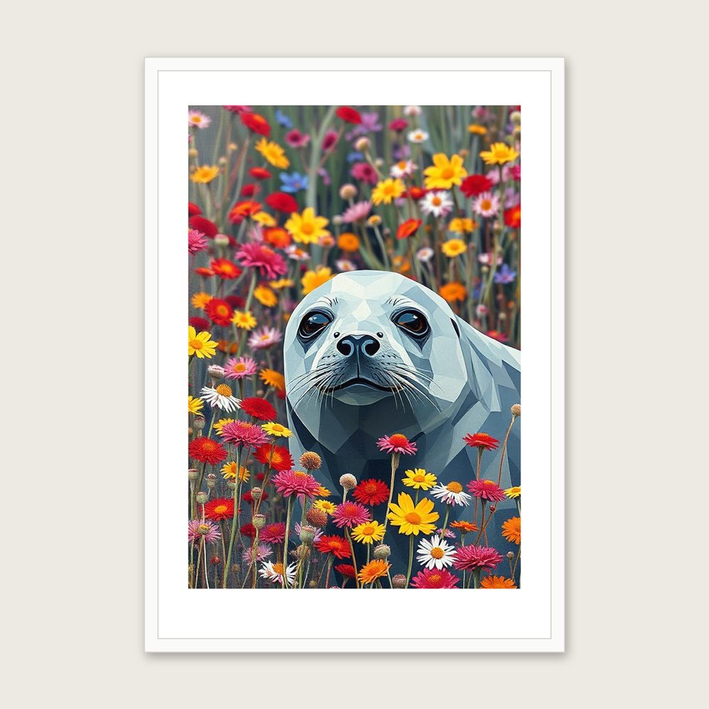 Grey Seal Animal Wall Art - Framed Colourful Palette Knife Print in a white frame