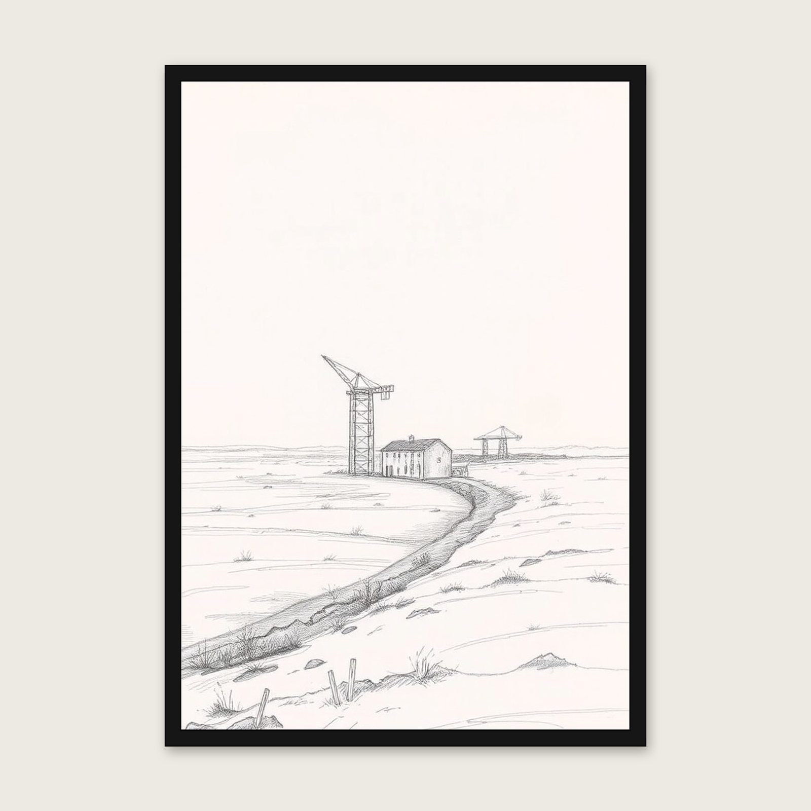 Framed Pencil Sketch Print of Hartland Quay - Neutral & Beige Landscape Wall Art shown in a black frame