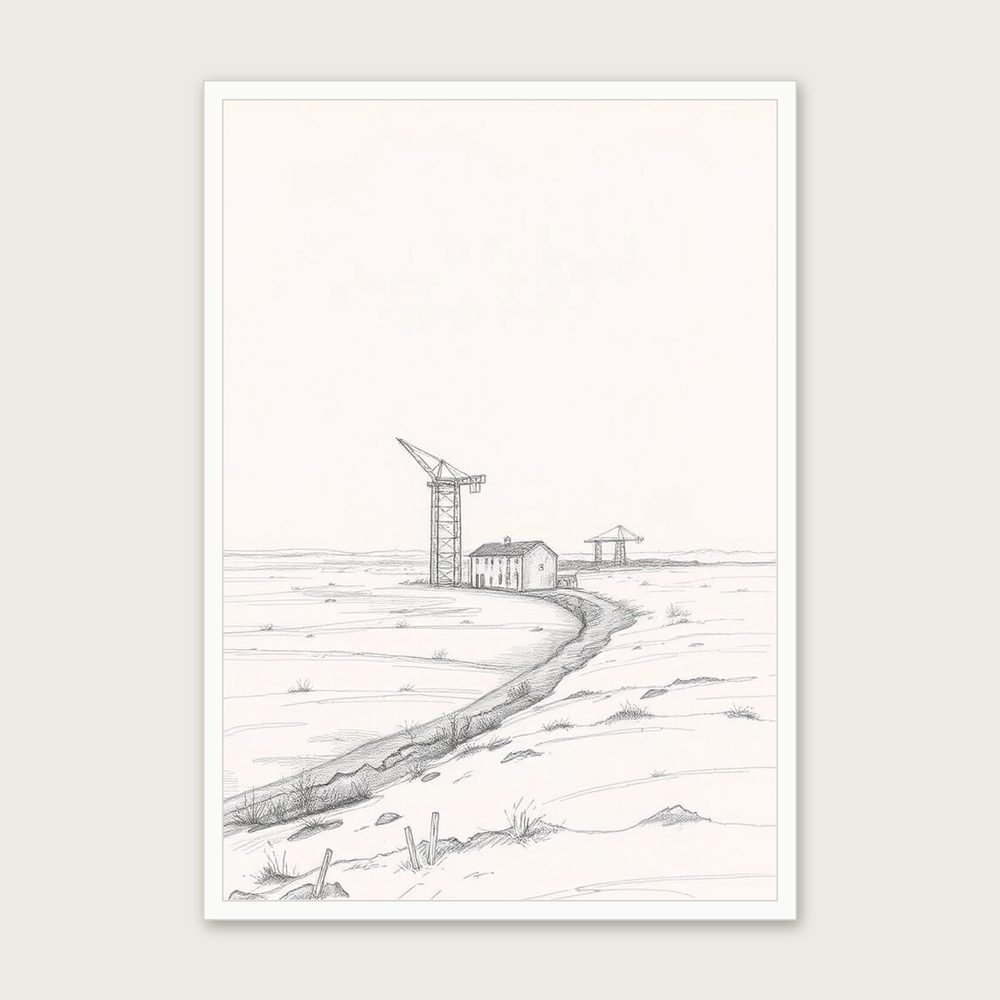 Framed Pencil Sketch Print of Hartland Quay - Neutral & Beige Landscape Wall Art in a white frame
