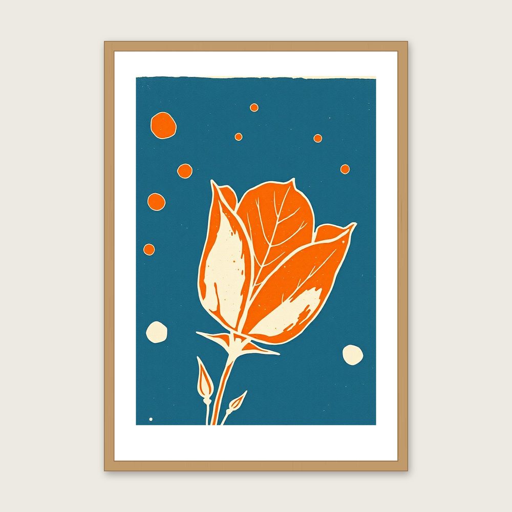 Rose Leaf and Thorn Linocut Wall Art - Framed Bold Colour Print in a oak frame