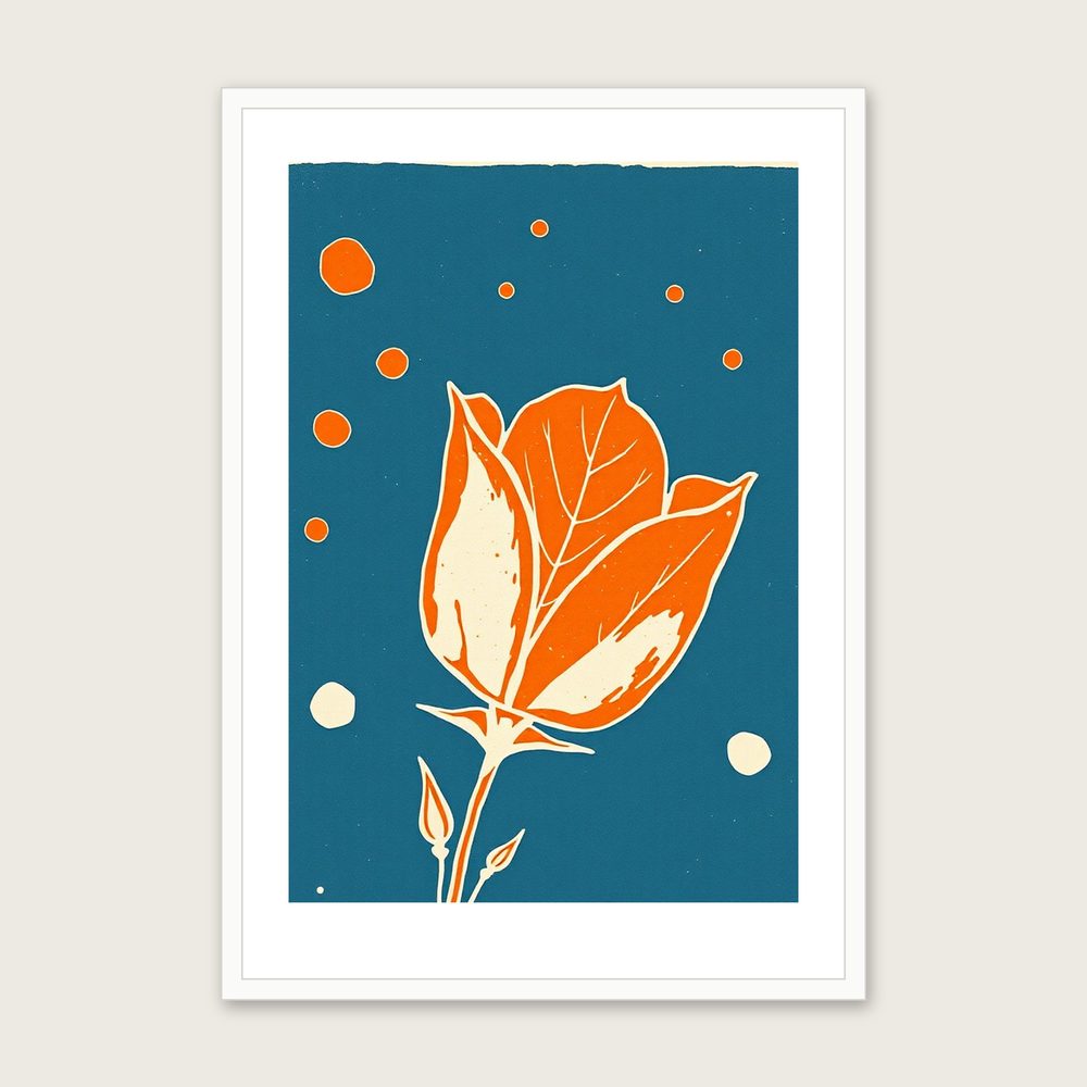 Rose Leaf and Thorn Linocut Wall Art - Framed Bold Colour Print in a white frame