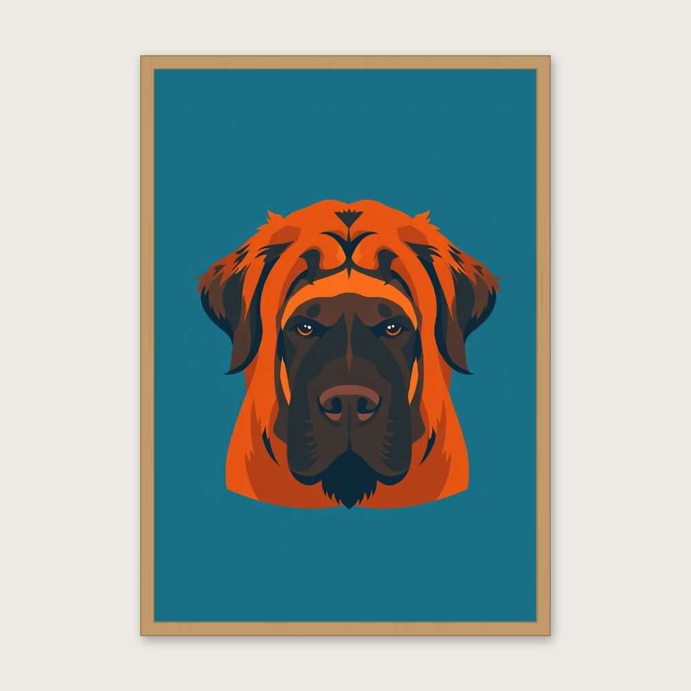 Framed Screen Print of Tibetan Mastiff - Bold Colour Animal Wall Art in a oak frame