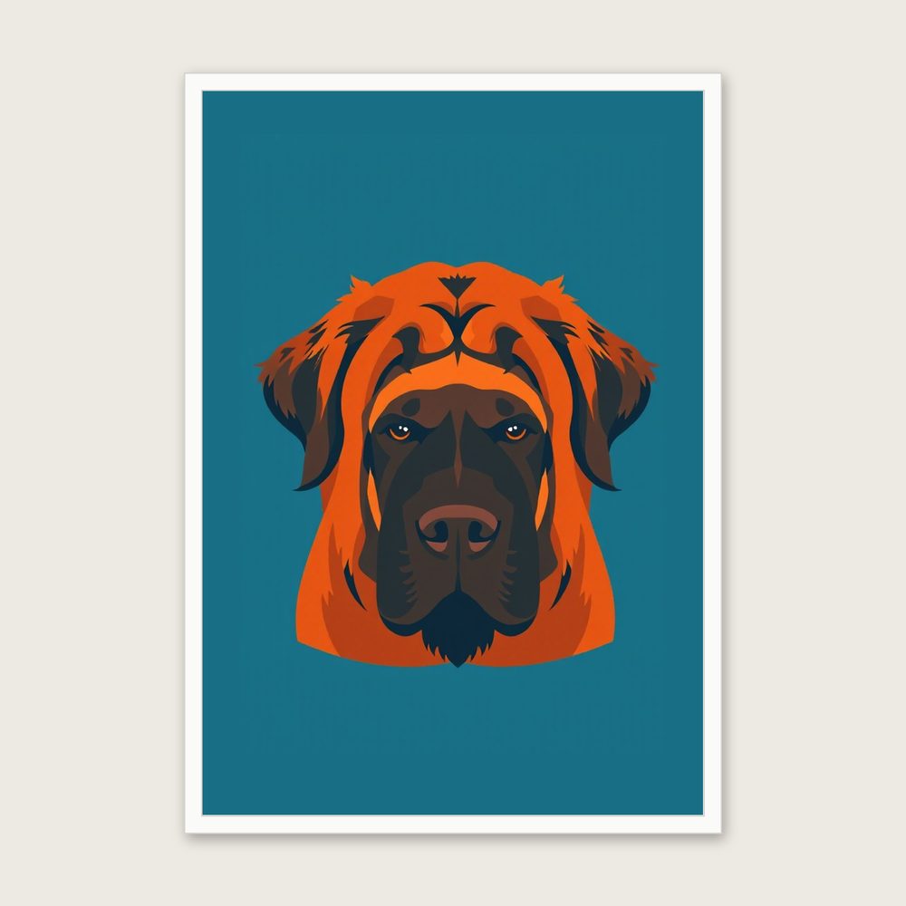 Framed Screen Print of Tibetan Mastiff - Bold Colour Animal Wall Art in a white frame