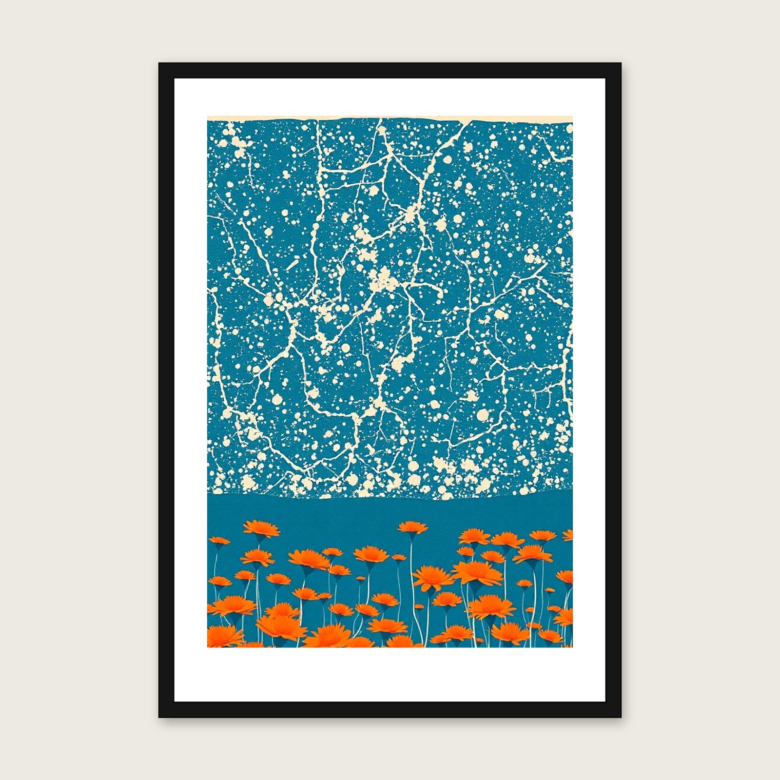 Scabious Field Linocut Print - Framed Bold Colour Botanical Wall Art shown in a black frame