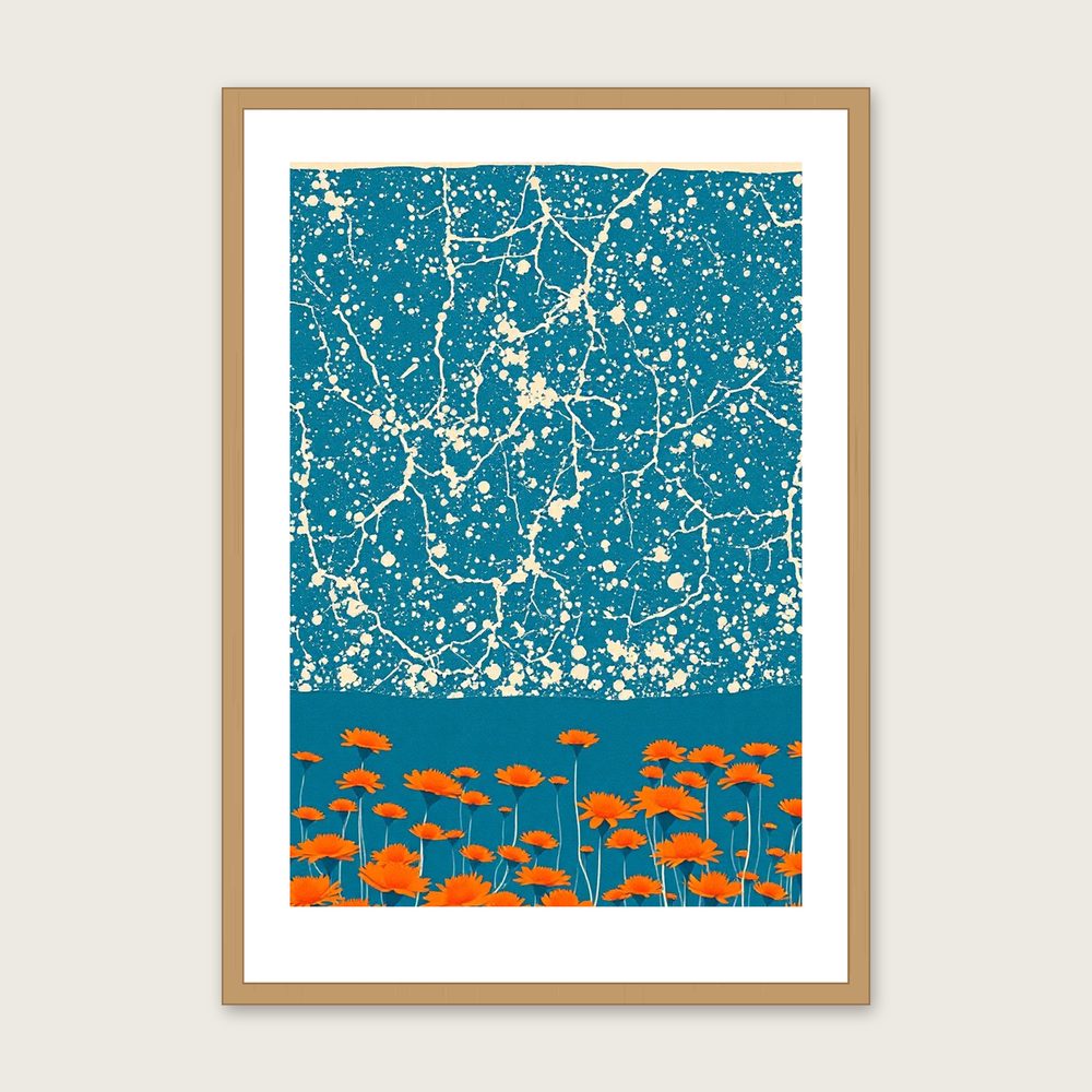 Scabious Field Linocut Print - Framed Bold Colour Botanical Wall Art in a oak frame