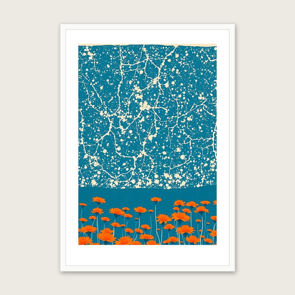 Scabious Field Linocut Print - Framed Bold Colour Botanical Wall Art in a white frame