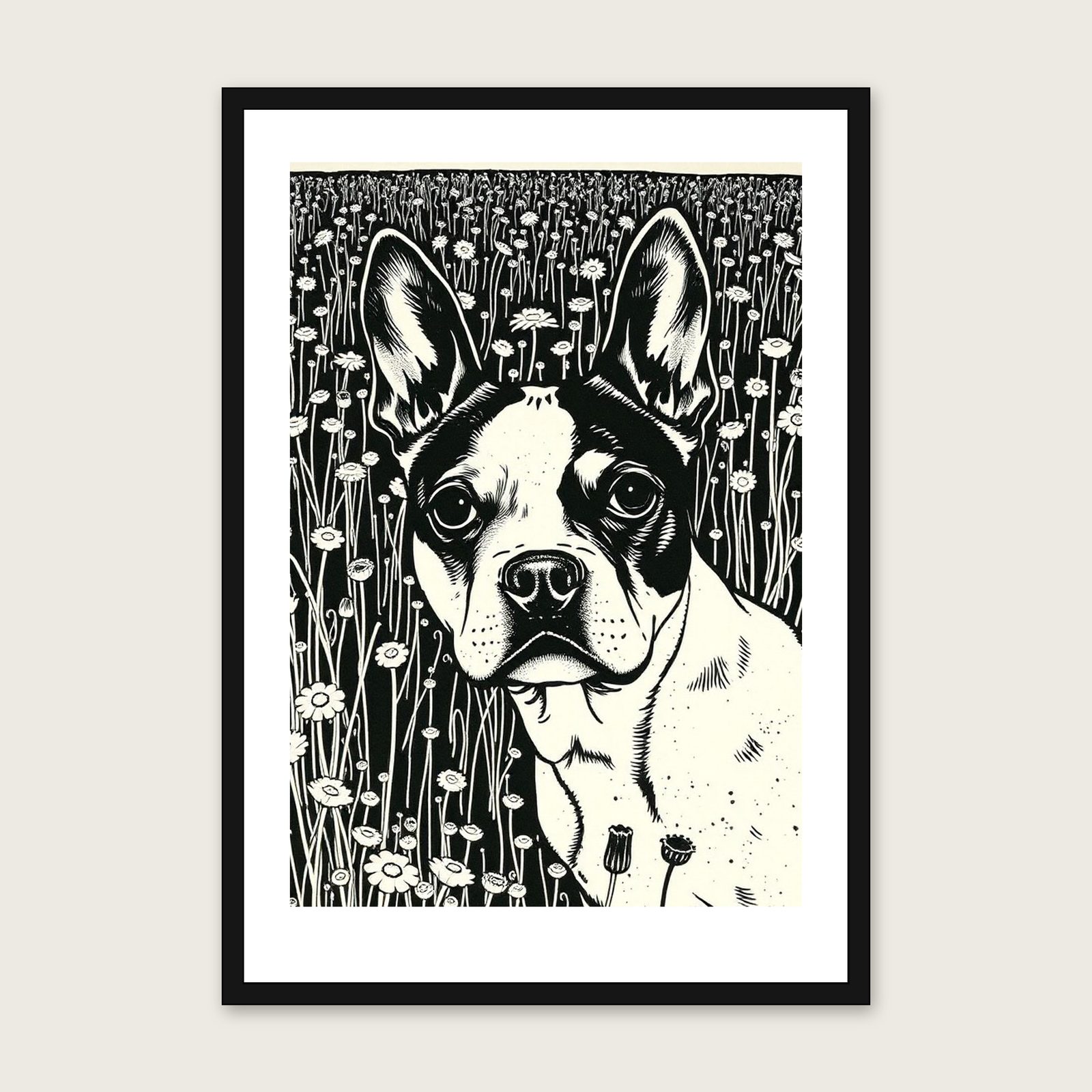 Boston Terrier - Framed Linocut Animal Print in Two Tone in a black frame