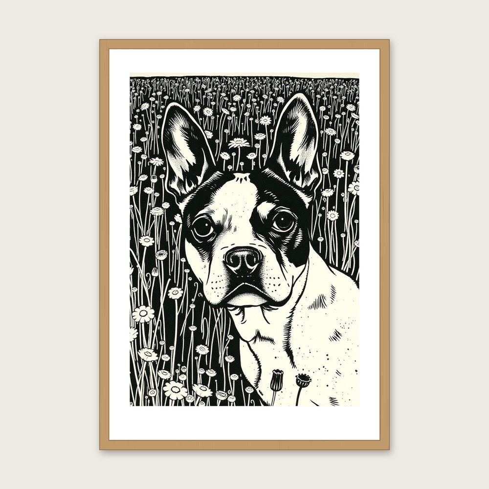 Boston Terrier - Framed Linocut Animal Print in Two Tone in a oak frame