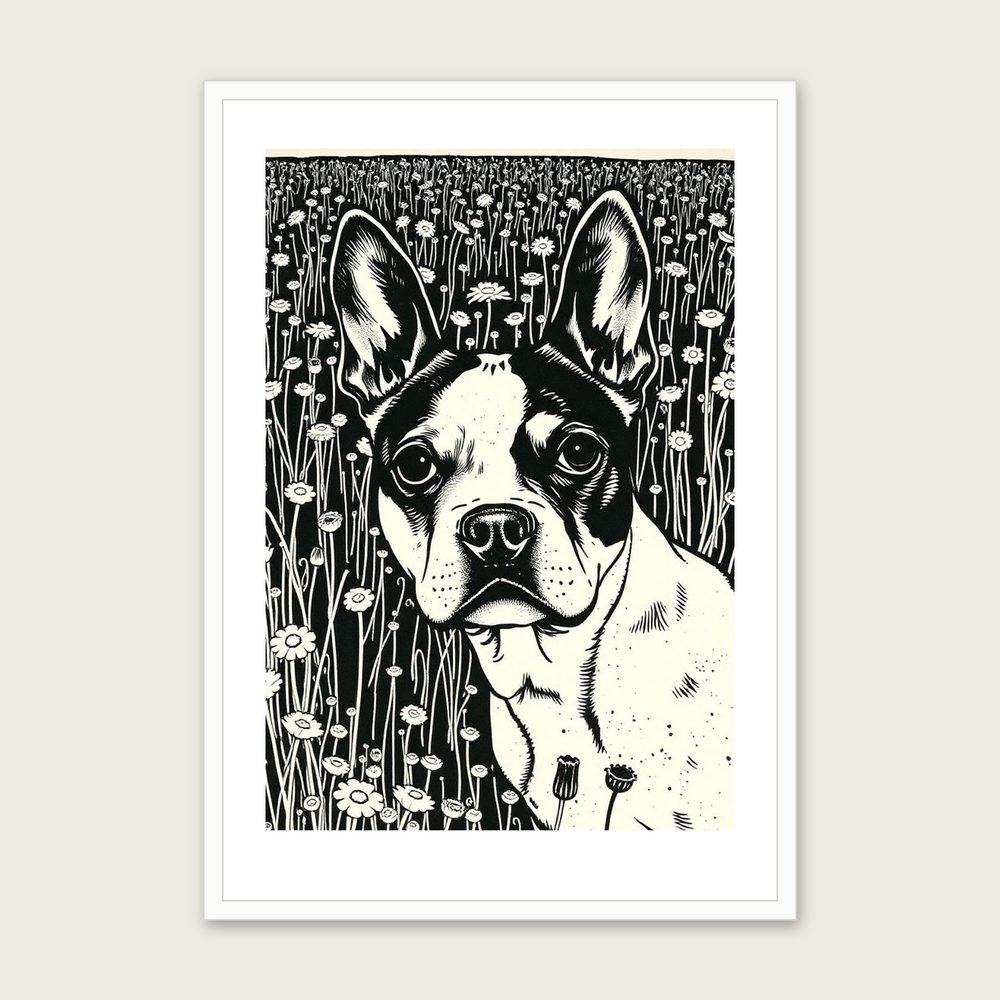 Boston Terrier - Framed Linocut Animal Print in Two Tone in a white frame