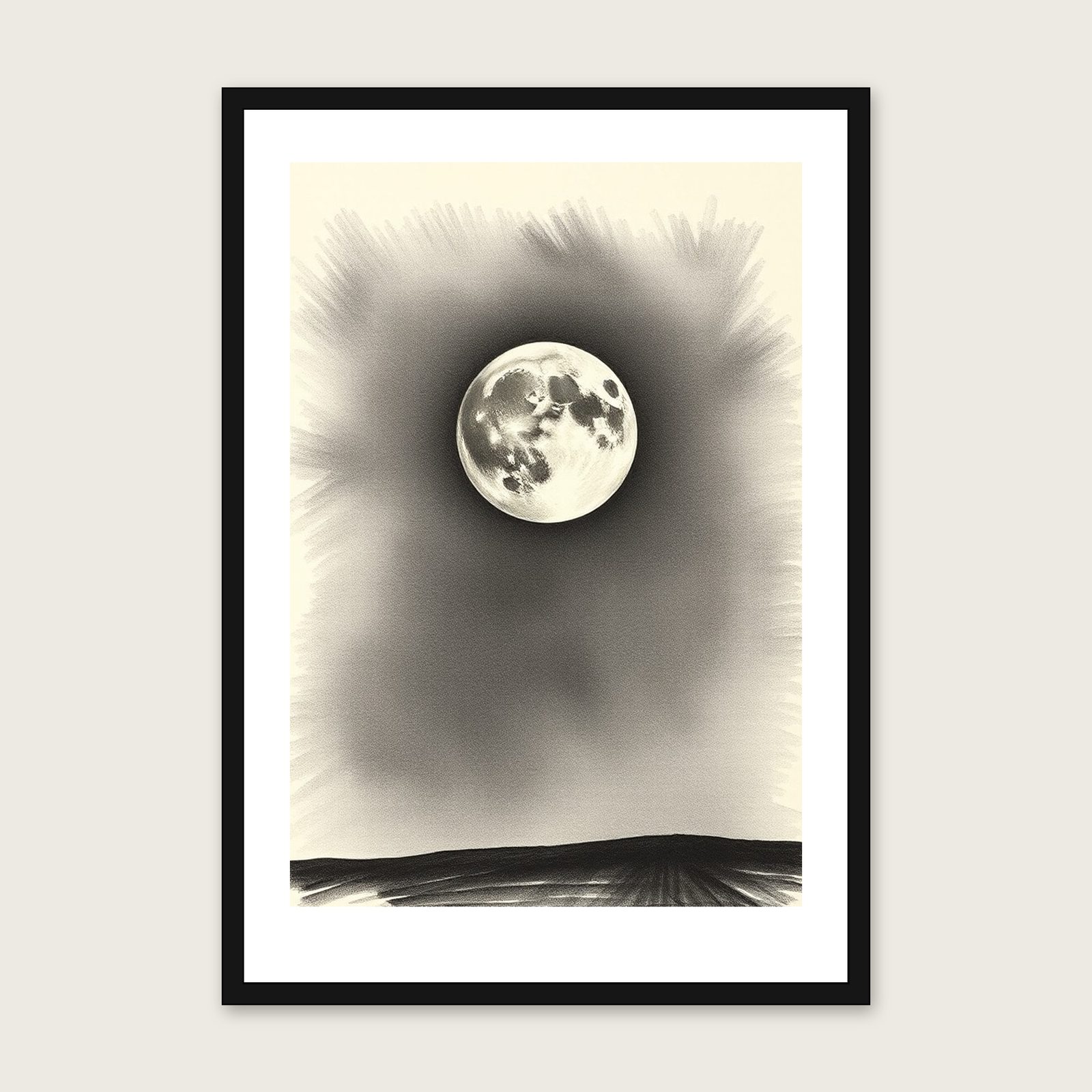 A Sturgeon Moon in August - Framed Charcoal Celestial Print in Black & White - Black Frame, A3