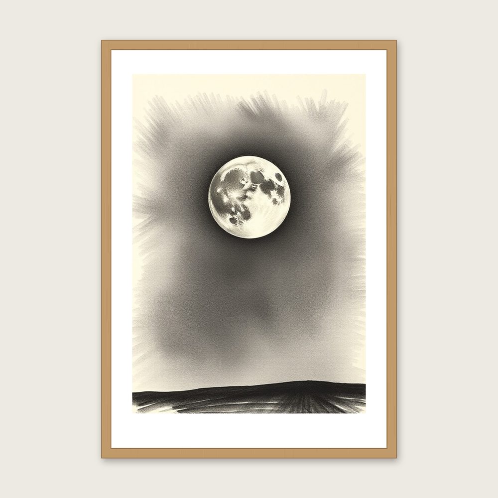 A Sturgeon Moon in August - Framed Charcoal Celestial Print in Black & White in a oak frame
