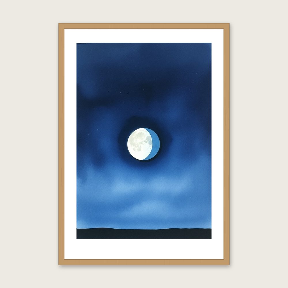 A Last Quarter Moon Watercolour Print - Framed Two Tone Celestial Wall Art - Oak Frame, A3