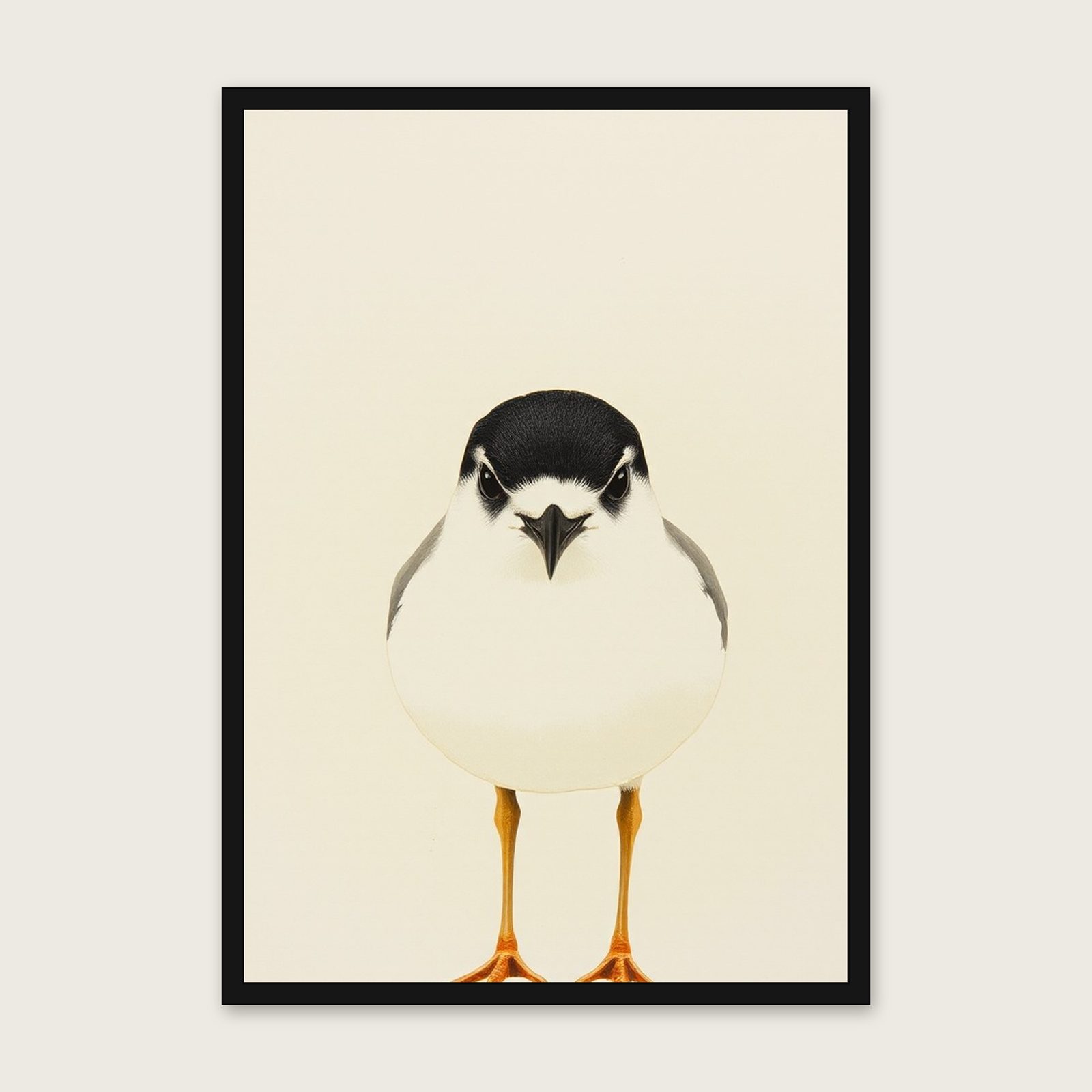 Framed Monotype Print of Little Tern - Neutral & Beige Animal Wall Art shown in a black frame