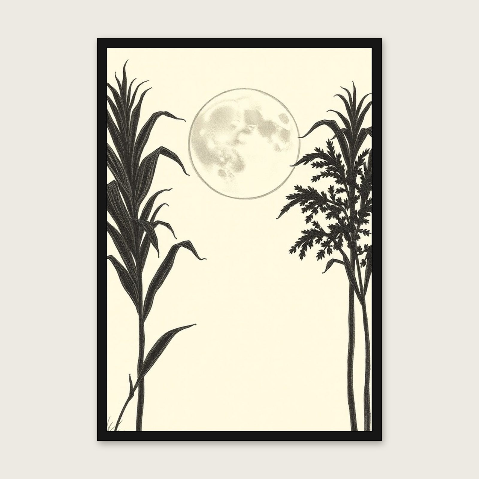 A Corn Moon in September Pencil Sketch Wall Art - Framed Neutral & Beige Print shown in a black frame