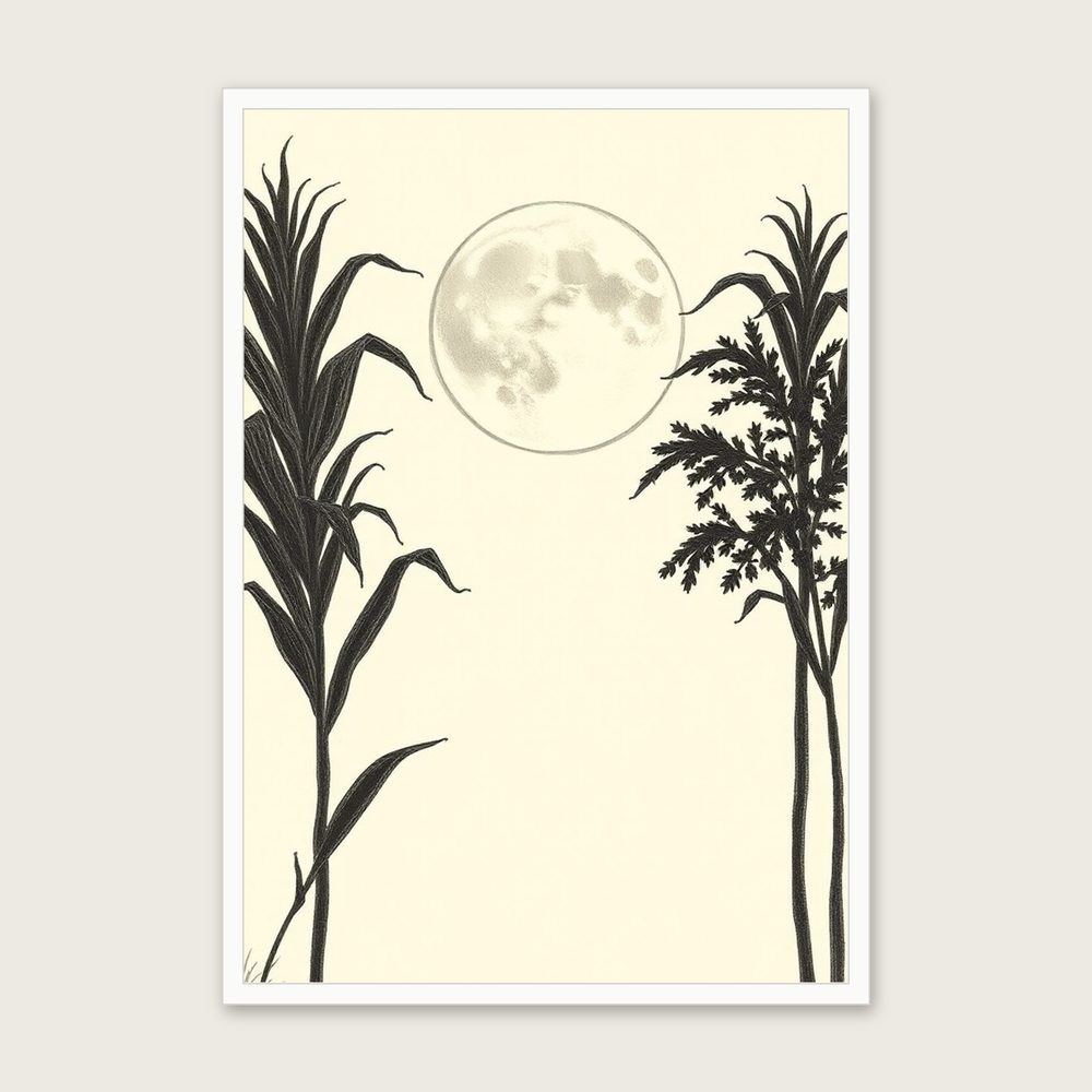 A Corn Moon in September Pencil Sketch Wall Art - Framed Neutral & Beige Print - White Frame, A3