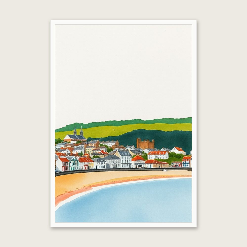 Holywell Bay Watercolour Wall Art - Framed Two Tone Print in a white frame