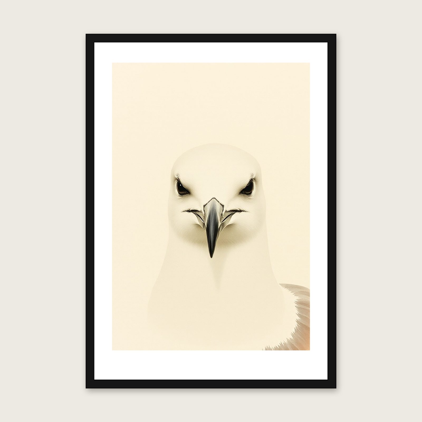 Herring Gull Monotype Wall Art - Framed Neutral & Beige Print shown in a black frame