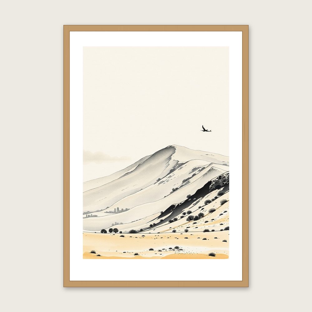 The Brecon Beacons Ink Wash Wall Art - Framed Neutral & Beige Print - Oak Frame, A3