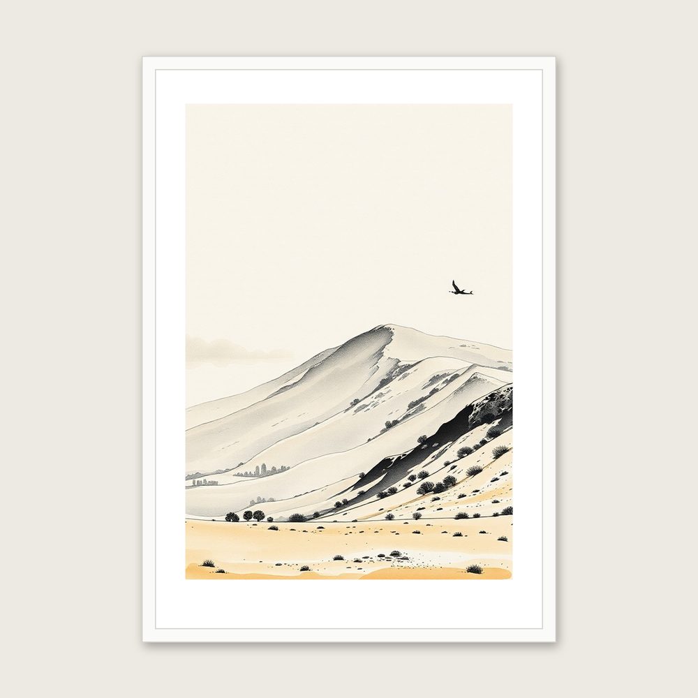The Brecon Beacons Ink Wash Wall Art - Framed Neutral & Beige Print - White Frame, A3