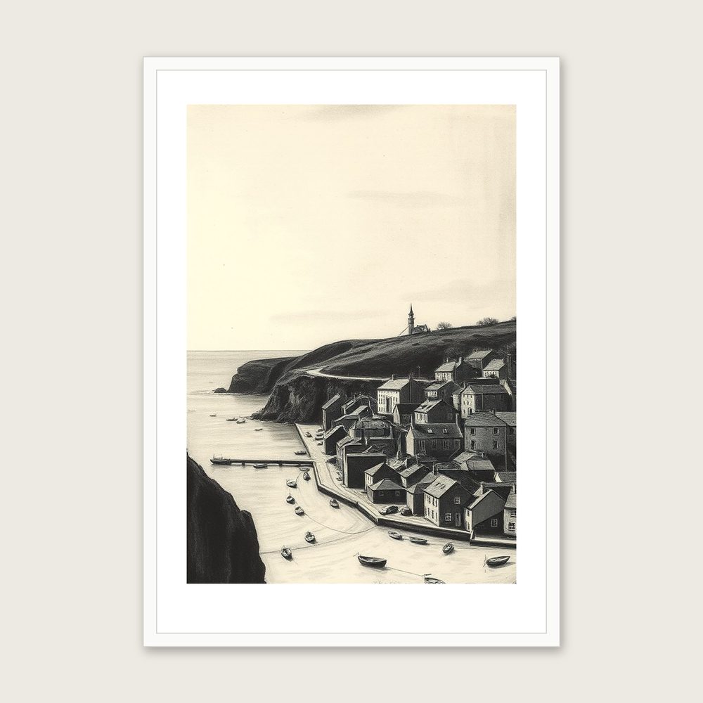 Framed Charcoal Print of Lizard Point - Black & White Landscape Wall Art in a white frame