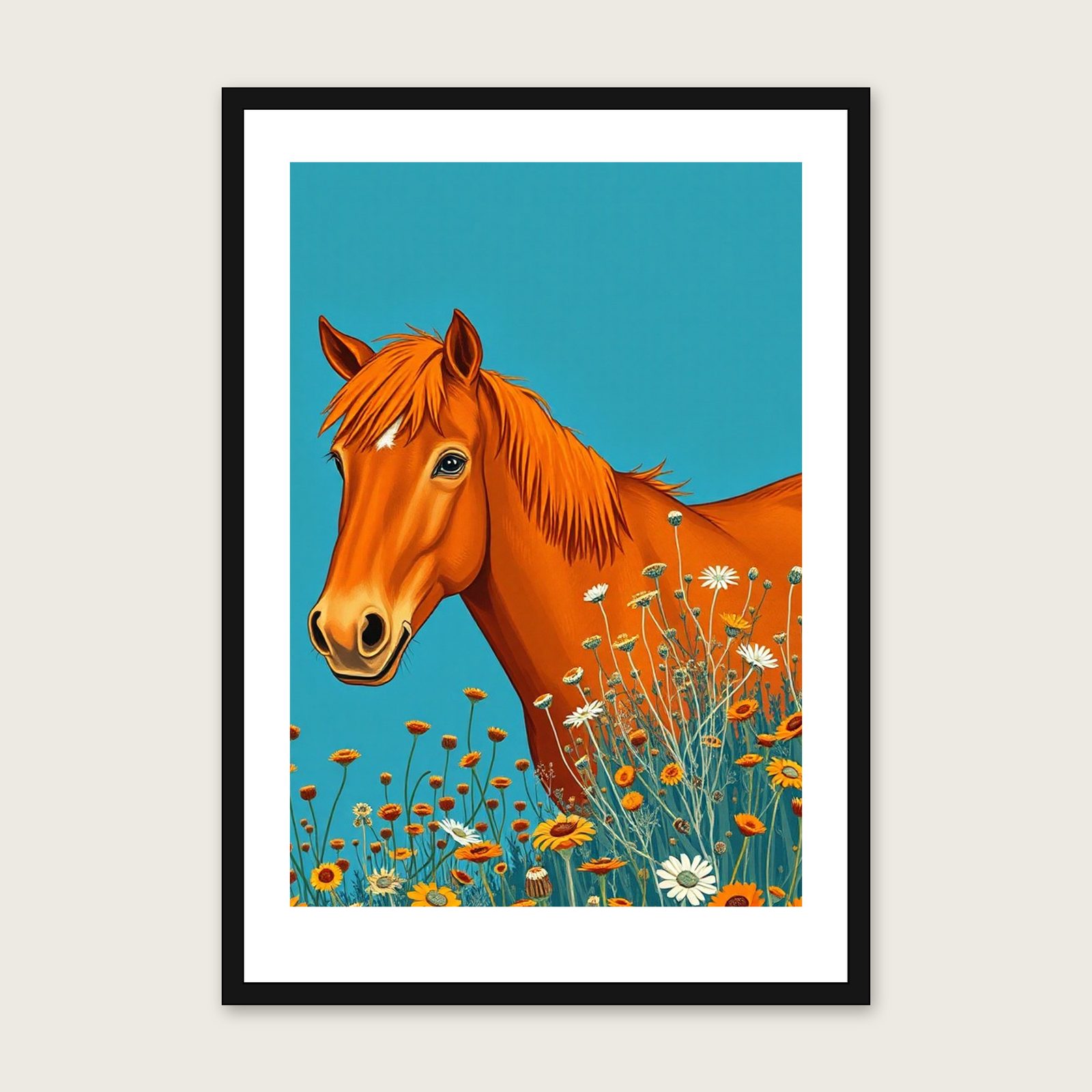 Welsh Mountain Pony Gouache Print - Framed Bold Colour Animal Wall Art in a black frame