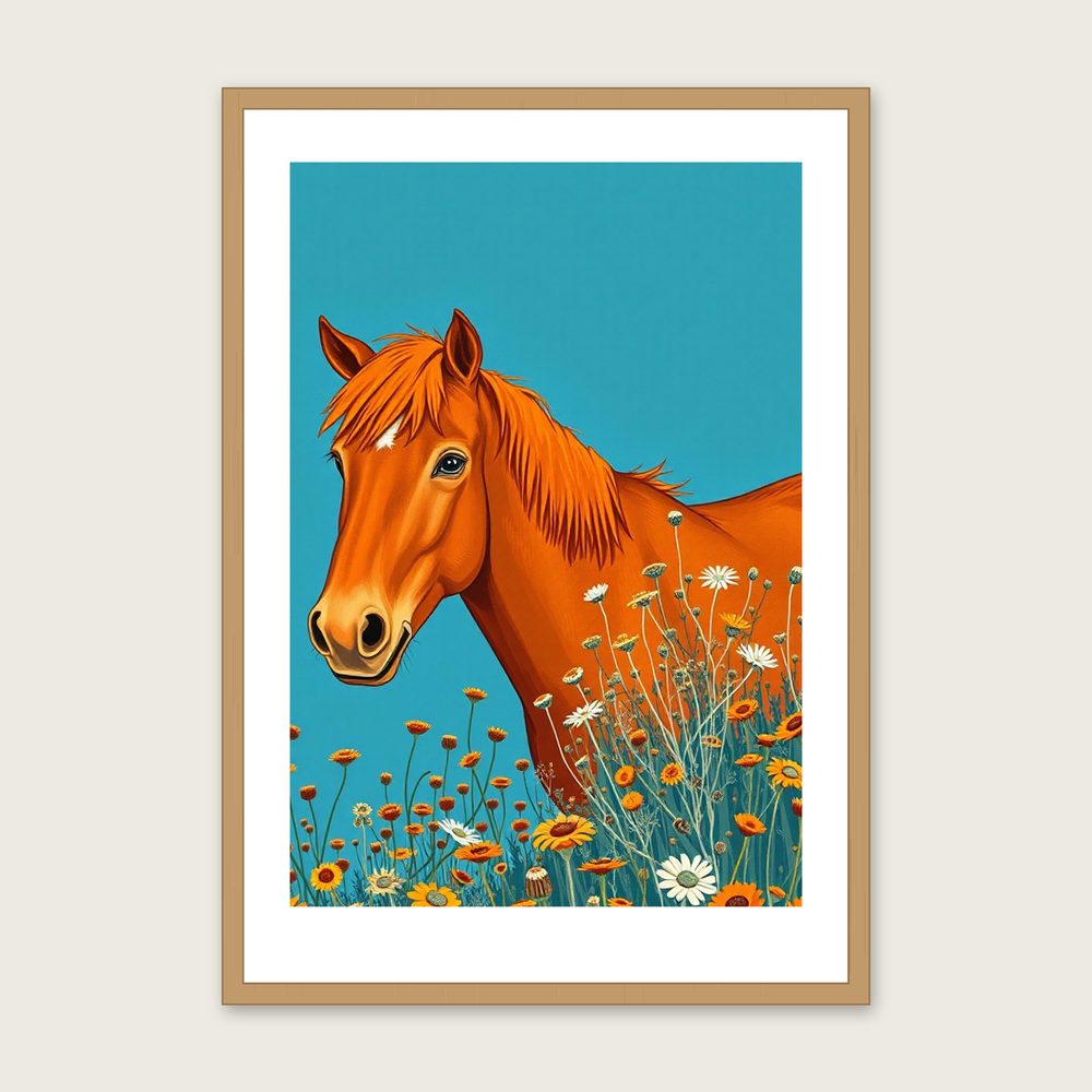 Welsh Mountain Pony Gouache Print - Framed Bold Colour Animal Wall Art in a oak frame