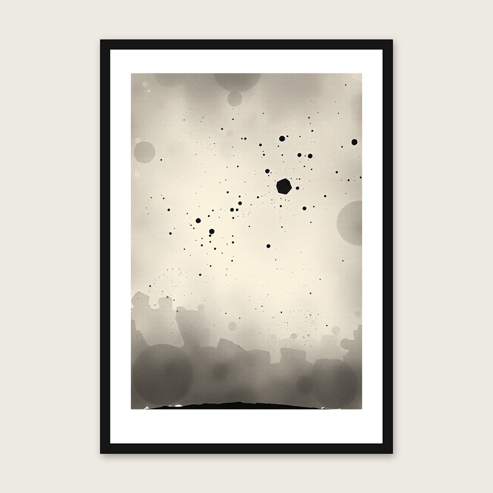 The Winter Hexagon - Framed Ink Wash Celestial Print in Black & White in a black frame