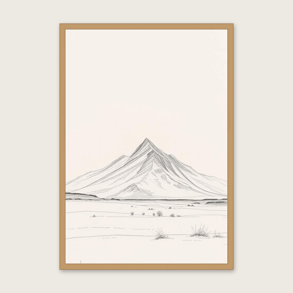 Snowdon Pencil Sketch Wall Art - Framed Neutral & Beige Print - Oak Frame, A3