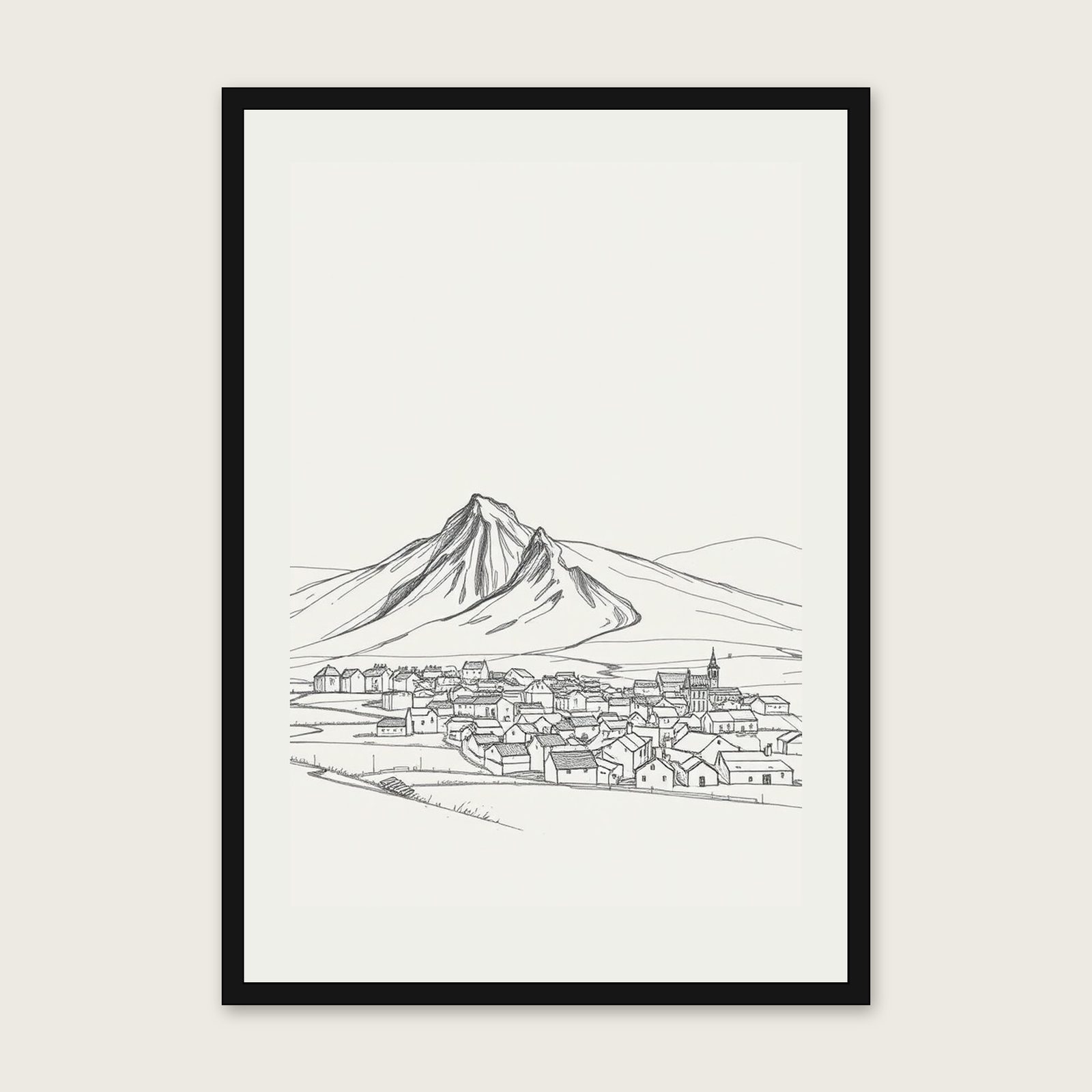 Crib Goch Pencil Sketch Print - Framed Neutral & Beige Landscape Wall Art - Black Frame, A3