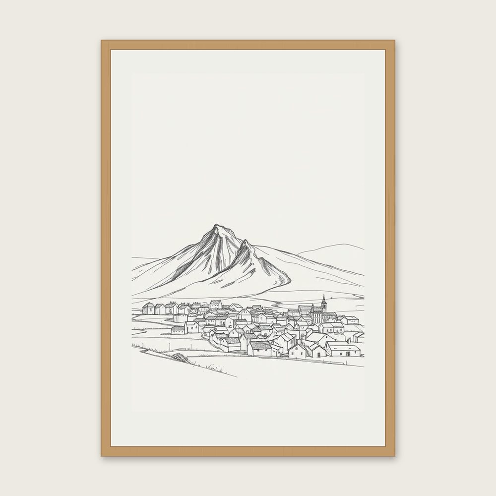 Crib Goch Pencil Sketch Print - Framed Neutral & Beige Landscape Wall Art - Oak Frame, A3