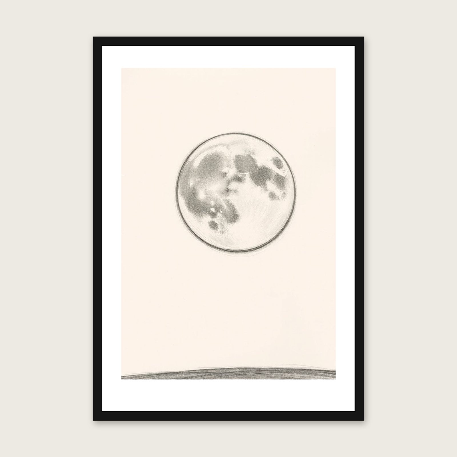 A Supermoon - Framed Pencil Sketch Celestial Print in Neutral & Beige shown in a black frame