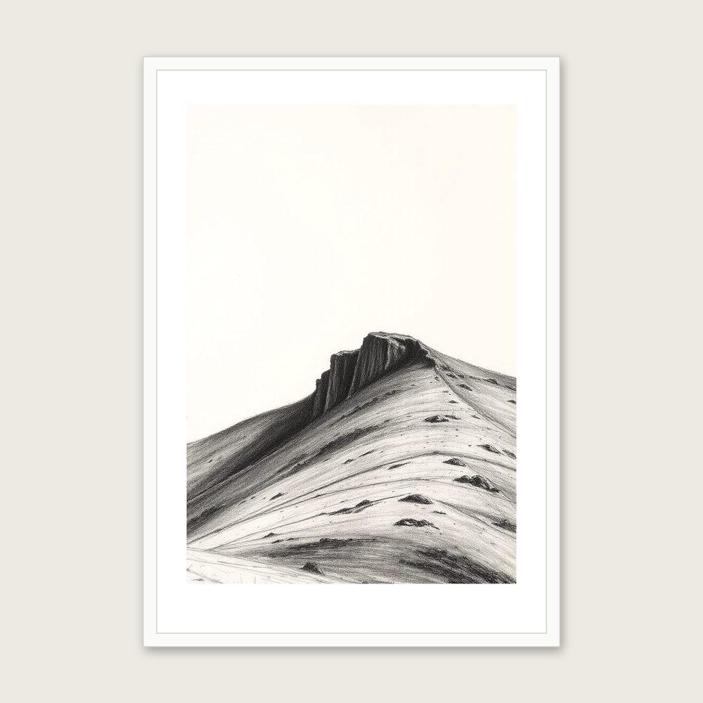 The South Downs Charcoal Print - Framed Black & White Landscape Wall Art - White Frame, A3