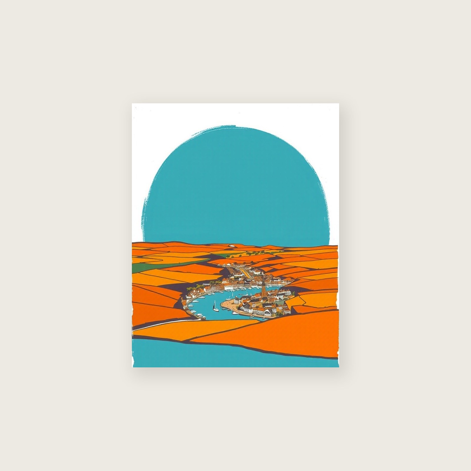 Looe Landscape Wall Art - Bold Colour Gouache Print - Unframed Print, A3